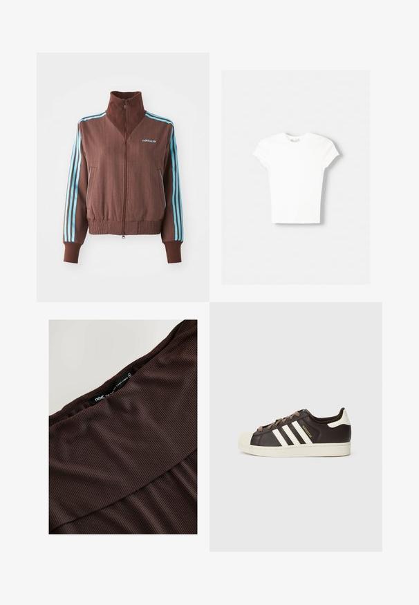 Brun zip-up jakke med ribbet tekstur, der har turkise tre-stribe accenter på skuldrene og ærmerne samt et broderet logo.; Hvid kortærmet t-shirt lavet af blød bomuld, med rund halsudskæring og en tætsiddende form. Ingen synlige mønstre eller udsmykninger.; Brune høj talje leggings lavet af ribbet stof, med en glat talje og en tætsiddende design for fuldlængde dækning.; Low-top Adidas Superstar-sneaker i mørkebrunt læder med cremefarvet skal-tå, hvide striber og teksten "Superstar" på siden.