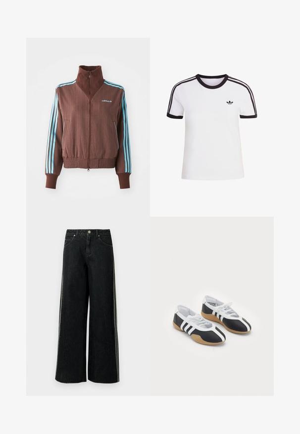 Veste zippée marron avec une texture côtelée, présentant des accents turquoise à trois rayures sur les épaules et les manches, ainsi qu'un logo brodé.; T-shirt blanc à manches courtes avec des accents noirs, dotée d'un col rond et de trois bandes noires sur chaque épaule. Petit logo noir sur la poitrine.; Jean en denim noir à jambes larges avec des bandes latérales, poches avant, passants pour ceinture et fermeture à bouton métallique à la taille.; Baskets de sport noir et blanc au design élégant, semelle en caoutchouc, fermeture à lacets et trois rayures blanches sur les côtés.