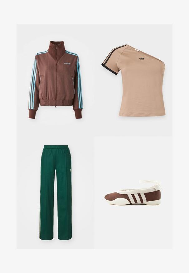 Bruine zip-up jas met een geribbelde textuur, voorzien van turquoise drie-strepen accenten op de schouders en mouwen, en een geborduurd logo.; Beige sports top met één schouder, zwarte strepen op de korte mouw en klein zwart Adidas-logo op de borst.; Donkergroene sportbroek met een relaxte pasvorm, voorzien van een trekkoord in de taille, zijzakken en crèmekleurige strepen aan de zijkanten.; Bruine en witte ballerinaschoenen met drie witte strepen en een strik om de enkel op een effen lichte achtergrond.