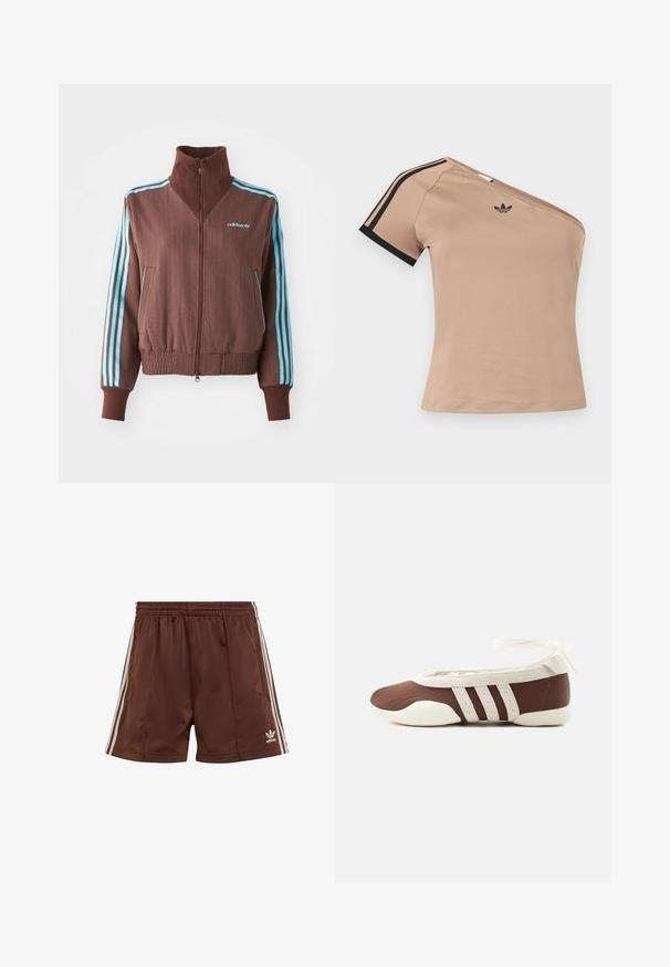 Braune Zip-Jacke mit strukturiertem Rippdesign, die türkise Akzente mit drei Streifen an den Schultern und Ärmeln aufweist, sowie ein gesticktes Logo.; Beiger Ein-Schulter-Sporttop mit schwarzen Streifen am kurzen Ärmel und kleinem schwarzem Adidas-Logo auf der Brust.; Braune Sportshorts aus glattem Stoff mit lockerer Passform, die weiße seitliche Streifen und ein besticktes Logo am unteren linken Saum aufweisen.; Brauner und weißer Ballerinaschuh mit drei weißen Streifen und einer Schleife zum Binden am Knöchel auf einem schlichten hellen Hintergrund.