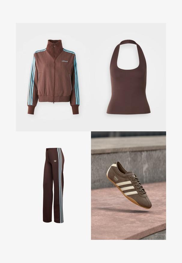 Brun zip-up jakke med ribbet tekstur, der har turkise tre-stribe accenter på skuldrene og ærmerne samt et broderet logo.; Brun, ærmeløs halterneck top med en dyb rund halsudskæring. Lavet af glat, strækbart stof, har den en tætsiddende silhuet og ingen synlige lukninger.; Brune atletikbukser med blå striber ned langs siderne og en snor i taljen. Fremstillet af et blødt, glat stof med en afslappet pasform.; Brun ruskindssneaker med hvide striber og branding, med rund tå og ydersål af gummibelagt gummi, hængende over en struktureret overflade.