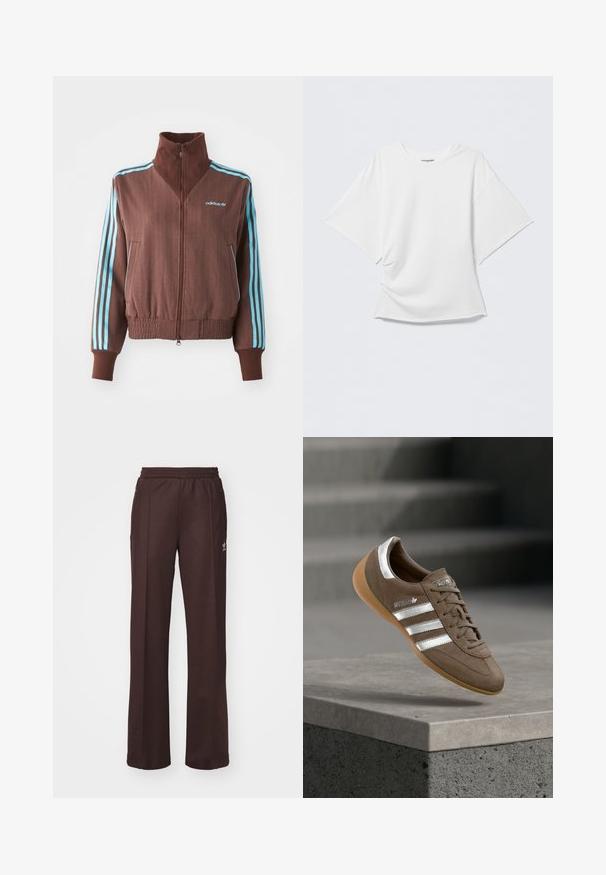 Braune Zip-Jacke mit strukturiertem Rippdesign, die türkise Akzente mit drei Streifen an den Schultern und Ärmeln aufweist, sowie ein gesticktes Logo.; Weißes übergroßes T-Shirt mit kurzen Ärmeln und Rundhalsausschnitt, vorne leicht zerknittert, vor einem schlichten hellgrauen Hintergrund präsentiert.; Braune Sporthose mit einem elastischen Bund, zwei Seitentaschen und einem kleinen Logo auf der linken Seite, gefertigt aus weichem Stoff.; Brauner Wildledersneaker mit weißen Streifen und silbernen Akzenten, mit strukturierter Oberseite, Schnürdesign und Sohle aus Kautschuk in Kaugummifarben.