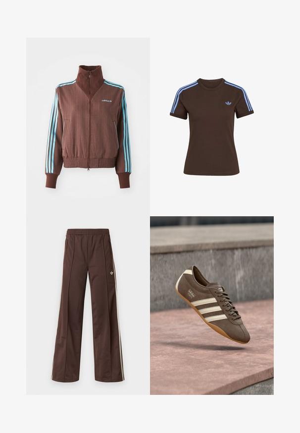 Chaqueta marrón con cremallera y textura acanalada, que presenta acentos de tres rayas turquesa en los hombros y las mangas, y un logotipo bordado.; Camiseta marrón de manga corta con tres rayas azul claro en los hombros y pequeño logo de Adidas azul claro en el pecho izquierdo.; Pantalones deportivos marrones con diseño de pierna ancha, franjas laterales blancas, cintura elástica y dos bolsillos laterales. Presentan un pequeño logo en la pierna.; Zapatilla de ante marrón con rayas blancas y marca, con puntera redonda y suela de goma color caramelo, suspendida sobre una superficie texturizada.