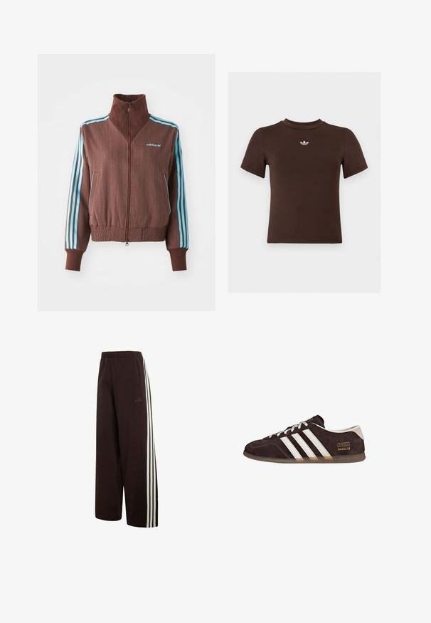 Chaqueta marrón con cremallera y textura acanalada, que presenta acentos de tres rayas turquesa en los hombros y las mangas, y un logotipo bordado.; Camiseta marrón ajustada de manga corta con un pequeño logo blanco de Adidas centrado debajo del escote.; Pantalones anchos de chándal Adidas negros con triple raya blanca a los lados y cintura elástica.; Zapatillas de ante marrón con tres rayas blancas, suela de goma y etiqueta con texto "Gazelle" en dorado. Diseño con cordones grises.