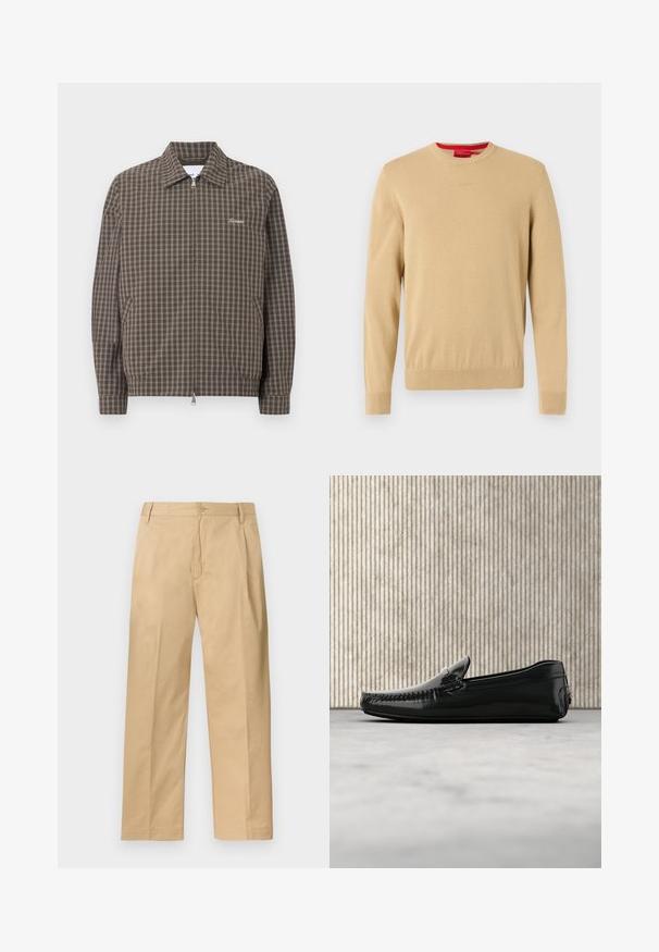 Veste marron à fermeture éclair avec motif à grille blanche, col pointu, poches latérales et petit texte blanc brodé sur la poitrine.; Pull beige pour homme à col rond, manches longues, bords-côtes aux poignets et à l'ourlet, avec un logo discret brodé sur la poitrine.; Pantalon chino beige à jambe droite avec fermeture par boutons et zip, passants pour ceinture et poches latérales, étalé à plat sur un fond blanc.; Mocassins en cuir noir avec une finition brillante, bout rond et quincaillerie décorative à l'avant. Semelle en caoutchouc à profil bas. Texture lisse.