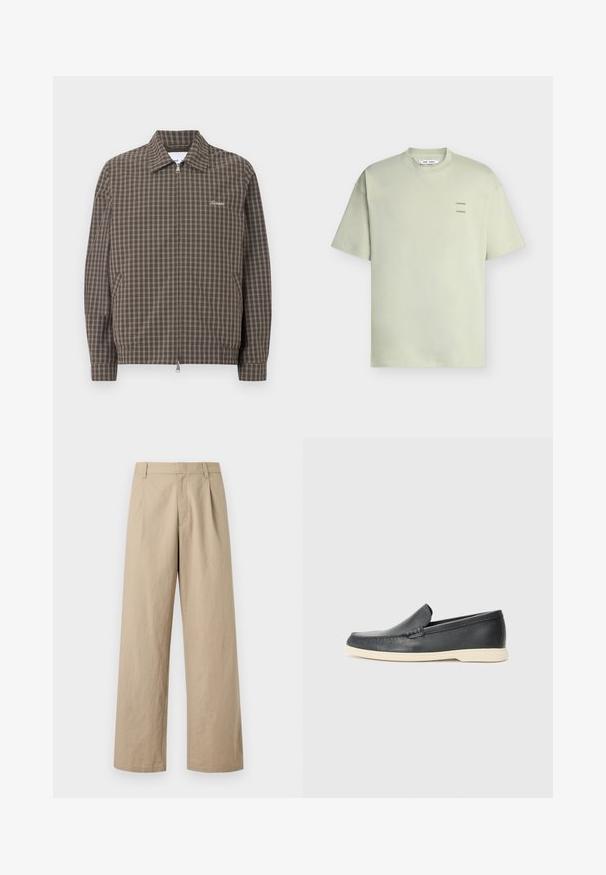 Veste marron à fermeture éclair avec motif à grille blanche, col pointu, poches latérales et petit texte blanc brodé sur la poitrine.; T-shirt vert clair à manches courtes et col rond avec petit logo texte "SAMSOE SAMSOE" sur la poitrine gauche.; Pantalon beige à jambes larges avec passants de ceinture, fermeture éclair devant, et plis, présenté sur fond blanc.; Mocassin noir en cuir à enfiler avec semelle beige, positionné en suspension près d'un porte-revues en fil métallique sur un sol en terrazzo.