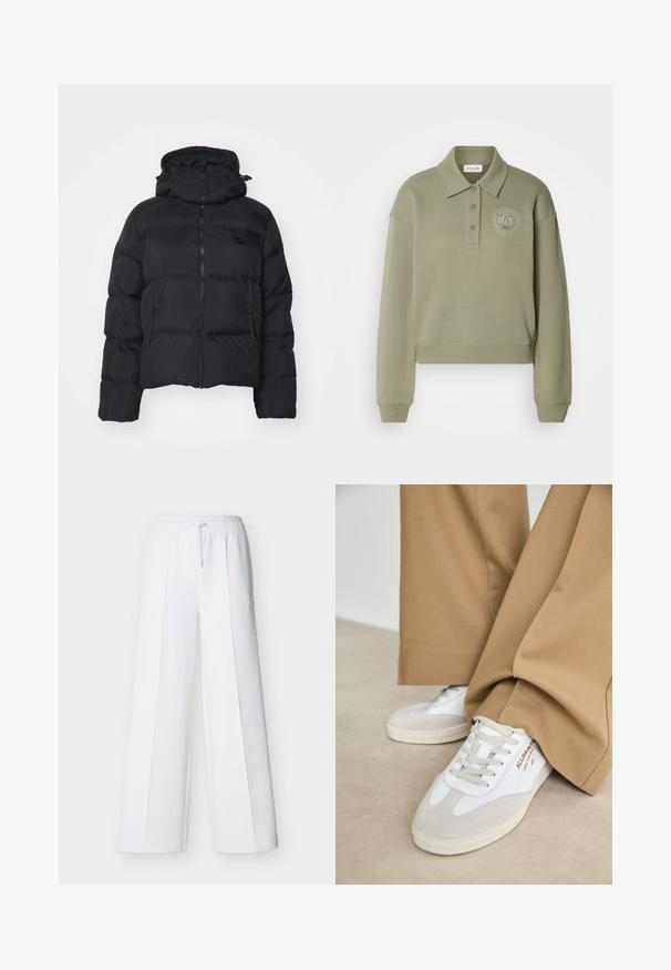 Schwarze Pufferjacke mit abnehmbarer Kapuze, Reißverschluss vorne und zwei Seitentaschen. Verfügt über gesteppte Abschnitte und ein kleines Logo auf der Brust.; Olivgrüner, taillierter Polo-Sweatshirt mit langen Ärmeln, zwei Knöpfen und einem runden, gestickten Logo auf der Brust. Weicher Stoff.; Weiße Weithosen mit elastischem Bund und Kordelzug. Hergestellt aus weichem Stoff mit vertikalen Nähten für einen maßgeschneiderten Look.; Weiße Sneakers mit Wildlederakzenten, strukturierten Schnürsenkeln und einer Gummisohle. Kombiniert mit lockeren, sandfarbenen Hosen. Logo an der Seite angebracht.