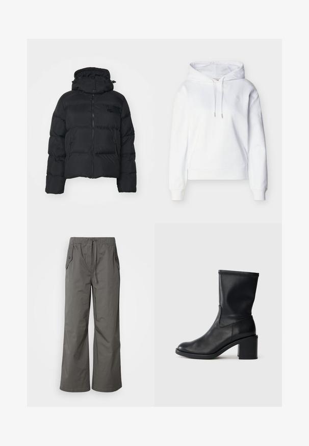 Manteau en duvet noir avec capuche détachable, fermeture éclair à l'avant et deux poches latérales. Possède des sections matelassées et un petit logo sur la poitrine.; Hoodie blanc à manches longues avec cordons de serrage, poignets et ourlet côtelés, et un discret logo "ck" sur la poitrine gauche.; Pantalons gris à jambes larges en tissu léger, dotés d'une taille élastique, d'un cordon de serrage et de deux poches latérales avec des accents en bouton.; Botte en cuir noir à cheville avec un bout rond, texture lisse et un talon épais, présentant un tige ajustée et un subtil détail de couture.