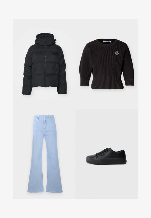 Sort pufferjakke med aftagelig hætte, lynlåslukning foran og to sidelommer. Har quiltede sektioner og et lille logo på brystet.; Sort ribstrikket sweater med trekvartærmer, rund hals og et lille hvidt diamantformet logo på venstre bryst.; Lyseblå jeans med høj talje, vidde i benene, bæltestropper, forreste knaplukning og forlommer på hvid baggrund.; Sorte sneakers lavet af glat læder med en rundet tå, seks snørehuller og en tyk gummisål. Logos detaljer på siden.