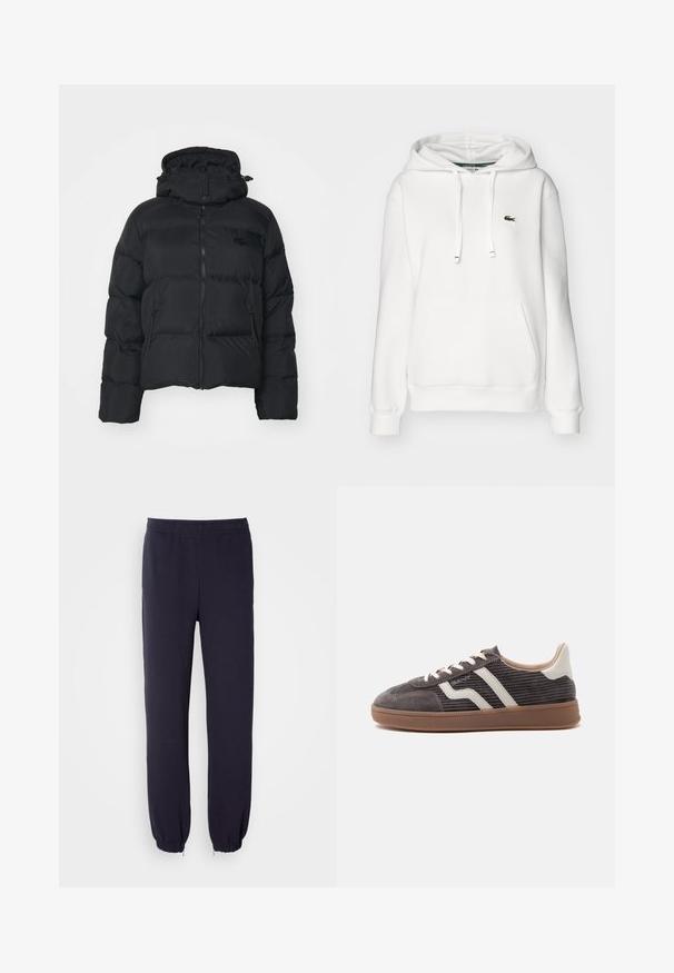 Sort pufferjakke med aftagelig hætte, lynlåslukning foran og to sidelommer. Har quiltede sektioner og et lille logo på brystet.; Hvid hoodie med kengurulomme, snøre i hætten, ribbede manchetter og et lille grønt logo på venstre bryst. Blødt stof. ; Marineblå sweatpants med elastisk talje og snoreforbundne nederste kanter. Fremstillet af blød stof med en glat tekstur, uden synlige mønstre eller udsmykninger.; Enkel mørkegrå sneaker med hvide læderdetaljer, teksturerede sider, hvide snørebånd og en brun gummisål, vist fra siden på en ensfarvet baggrund.