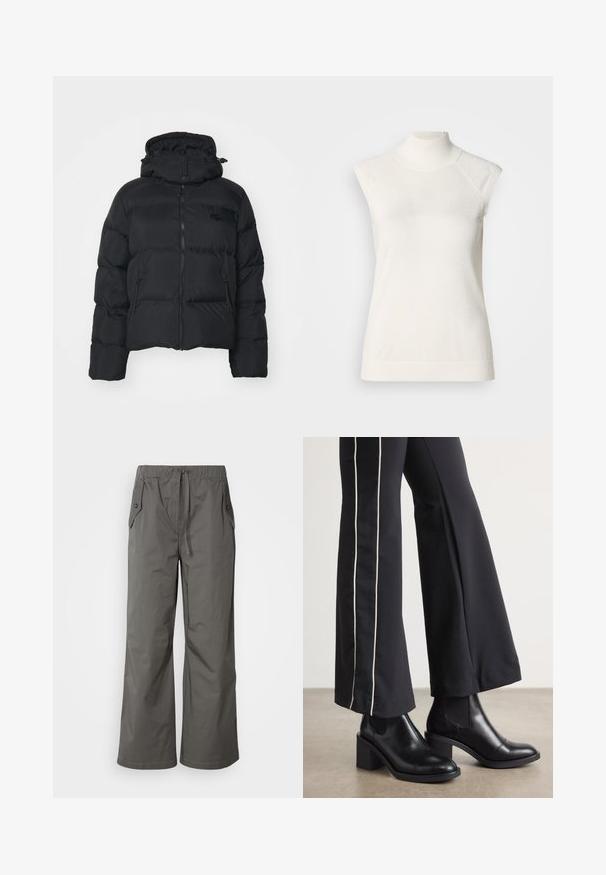 Must mustampüksi jope eemaldatava kapuutsiga, lukk ees ja kaks küljetaskut. Omab tikitud osi ja väikest logo rinnal.; Varrukateta valge turtleneck-top, valmistatud pehmest materjalist; omab istuvat lõiget, kõrget kaelust ja õrna soonikkoelist tekstuuri ääres.; Hallid hallid laiad püksid kerge kangaga, millel on elastne vöökoht, nöör ja kaks küljetaskut nupuga kaunistustega.; Mustad nahast pahklu_bootid, millel on ploki konts ja elastsed külgpaneelid. Kombineeritud mustade pükstega, millel on valge küljeriba.