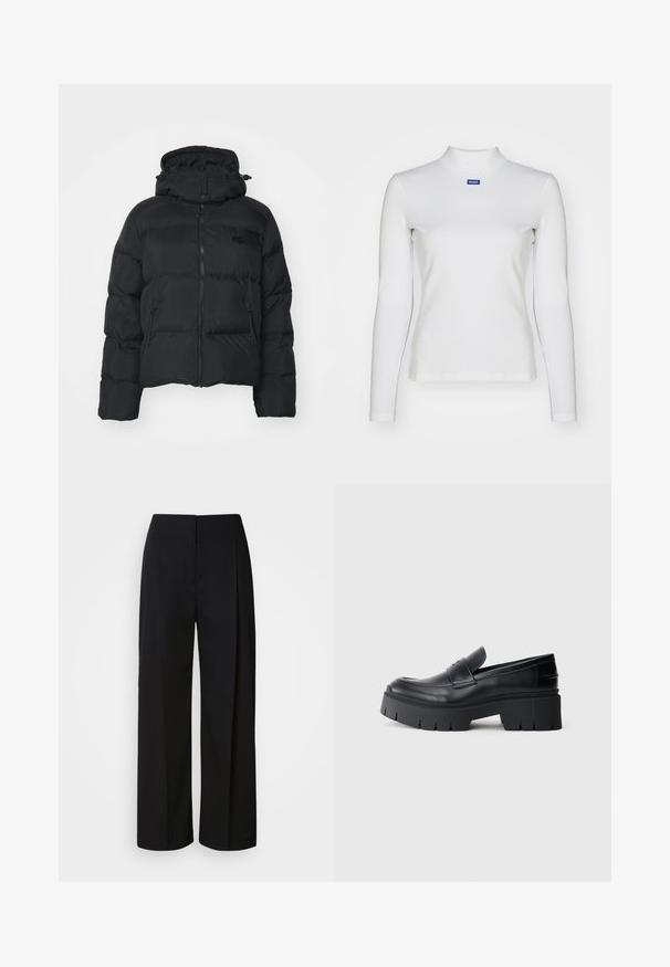 Schwarze Pufferjacke mit abnehmbarer Kapuze, Reißverschluss vorne und zwei Seitentaschen. Verfügt über gesteppte Abschnitte und ein kleines Logo auf der Brust.; Weißes langärmliges Rollkragenshirt aus dehnbarem Material mit taillierter Passform und kleinem blauen Logo auf der Brust.; Schwarze, hoch taillierte, weit geschnittene Hosen mit einer verdeckten Vorderseite, maßgeschneiderten Nähten und einem glatten, strukturierten Stoff.; Schwarzer klobiger Plateau-Schlüpfschuh mit glattem Lederoberteil, dekorativem Riemen und dicker strukturierter Sohle auf weißem Hintergrund.