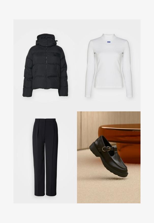Sort pufferjakke med aftagelig hætte, lynlåslukning foran og to sidelommer. Har quiltede sektioner og et lille logo på brystet.; Hvid langærmet turtleneck-top lavet af strækstof, med en tætsiddende design og et lille blåt logo på brystet.; Sorte, skræddersyede bukser med lige ben, forkanter med læg, bæltestropper og skjult lukning foran mod en hvid baggrund.; Sort læderloafer med en guldbeslået rem, tyk sål, vist svævende over beige tæppe med et brunt træbord i baggrunden.
