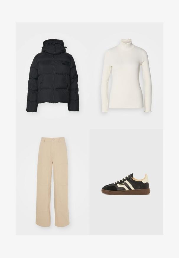 Sort pufferjakke med aftagelig hætte, lynlåslukning foran og to sidelommer. Har quiltede sektioner og et lille logo på brystet.; Langærmet turtleneck top lavet af blødt, ribbet stof i elfenben, med en flæset halsudskæring og let udvidede ærmekanter.; Beige brede bukser lavet af bomuld. Har to store frontlommer og en metalknaplukning i taljen. Glat tekstur.; Sorte sneakers med cremefarvede striber, tekstureret læderoverdel og en brun gummisål. Har snørebånd og en lav profil.