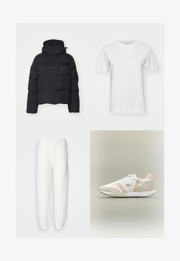 Schwarze Pufferjacke mit abnehmbarer Kapuze, Reißverschluss vorne und zwei Seitentaschen. Verfügt über gesteppte Abschnitte und ein kleines Logo auf der Brust.; Weißes Baumwoll-T-Shirt mit kurzen Ärmeln, Rundhalsausschnitt und einem strukturierten "LACOSTE"-Logo auf der Vorderseite. Glatter Stoff mit normaler Passform.; Weiße Sweatpants aus weichem, gestricktem Stoff. Der elastische Bund und die Bündchen sorgen für eine bequeme Passform. Minimalistisches Design, ohne sichtbare Muster oder Akzente.; Weiße und beige Low-Top-Sneaker mit strukturierten Sohlen, Schnürung und beigen Seitenstreifen auf neutralem Hintergrund.