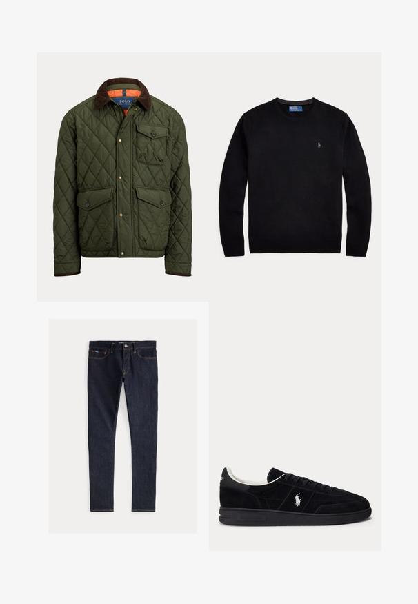 Gewatteerde groene jas met een bruine corduroy kraag, een borstzak met knoop, twee met knoop gesloten taillezakken en voorste drukknopen.; Zwarte trui met lange mouwen en ronde hals met een klein Polo Ralph Lauren-logo geborduurd op de linkerborst.; Donkerblauwe denim jeans met een slim fit, voorzien van vijf zakken, gele stiksels en een knoopsluiting bij de taille. Aangename textuur.; Zwarte lage sneaker met zwarte veters, witte voering en wit Polo Ralph Lauren-logo op de zijkant en hiel.