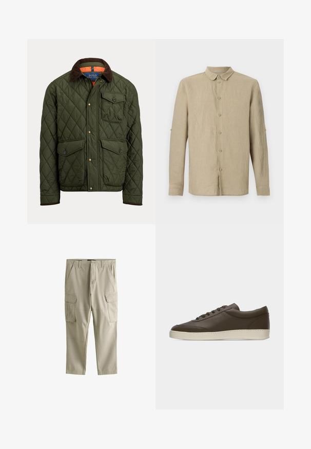 Quiltet grøn jakke med brun ribkrave, brystlomme med knap, to knaplukkelommer ved taljen og trykknapper foran.; Beige langærmet skjorte med knapper, klassisk krave og ærmelåse til at rulle ærmerne op.; Beige cargo bukser lavet af slidstærkt stof, med flere sidelommer, knaplukning og stikninger for ekstra tekstur.; Low-top mørkebrun lædersneaker med snørelukning foran og cremefarvet gummisål, vist fra ydersiden mod hvid baggrund.