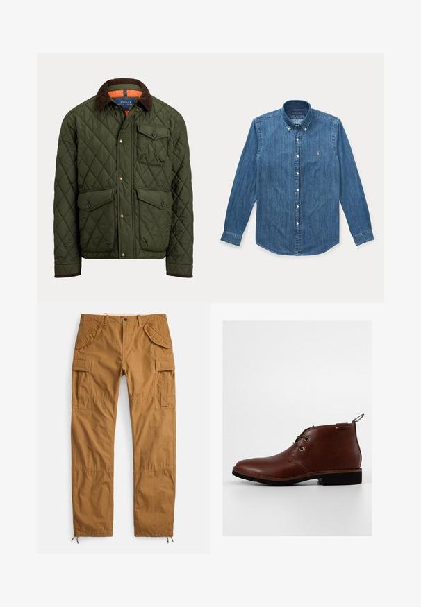 Gewatteerde groene jas met een bruine corduroy kraag, een borstzak met knoop, twee met knoop gesloten taillezakken en voorste drukknopen.; Blauw denim overhemd met lange mouwen, knopen, kraag en klein geborduurd logo op de linkerborst.; Beige cargobroek van katoen, met meerdere zakken, een losse pasvorm en trekkoordzomen voor verstelbare lengte.; Bruine leren enkellaarsjes met een ronde neus, twee veterogen en een contrasterende donkere rubberen zool. Voorzien van een bevestigingslus aan de achterkant.