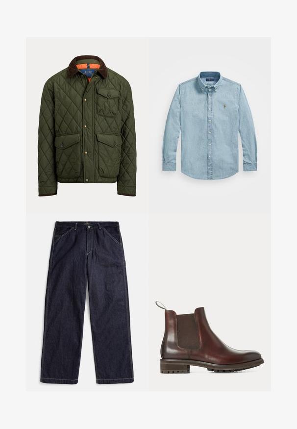 Quilted green jacket with brown corduroy collar, buttoned chest pocket, two buttoned waist pockets, and front snap buttons.; Light blue long-sleeve denim shirt with button-down collar, front buttons, and small embroidered logo on the left chest.; Dark blue straight-leg denim jeans with contrast stitching, belt loops, and front pockets, laid flat on a white background.; Brown leather Chelsea boot with elastic side panel, pull tab at heel, and chunky rubber sole with treads.