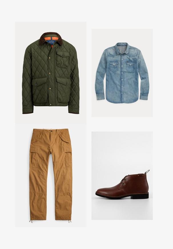 Quiltet grøn jakke med brun ribkrave, brystlomme med knap, to knaplukkelommer ved taljen og trykknapper foran.; Lysblå denimskjorte med spids krave, lange ærmer, to brystlommer og trykknaplukninger. Klassisk westernstil design.; Beige cargobukser lavet af bomuld, med flere lommer, en afslappet pasform og snore i benenderne til justerbar længde.; Brune læder ankelstøvler med rund tå, to snørehuller og en kontrasterende mørk gummisål. Har en træksløjfe bagpå.