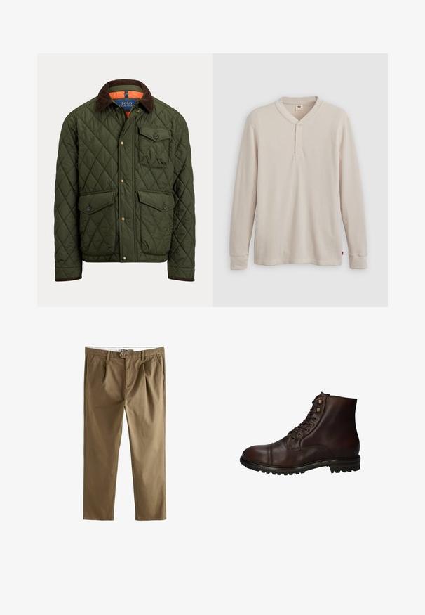 Quiltet grøn jakke med brun ribkrave, brystlomme med knap, to knaplukkelommer ved taljen og trykknapper foran.; Langærmet henley-skjorte i lys beige ribbet stof, med V-hals, tre-knap placket og manchetter ved ærmerne. Rød logo-tags ved kanten.; Khaki chinos med lige snit, der har to frontfolder, knaplukning og sidelommer. Fremstillet af en glat bomuldsblanding.; Mørkebrun læder snørebånd ankelstøvle med robuste gummisål og metaløjer, set fra den ydre side.