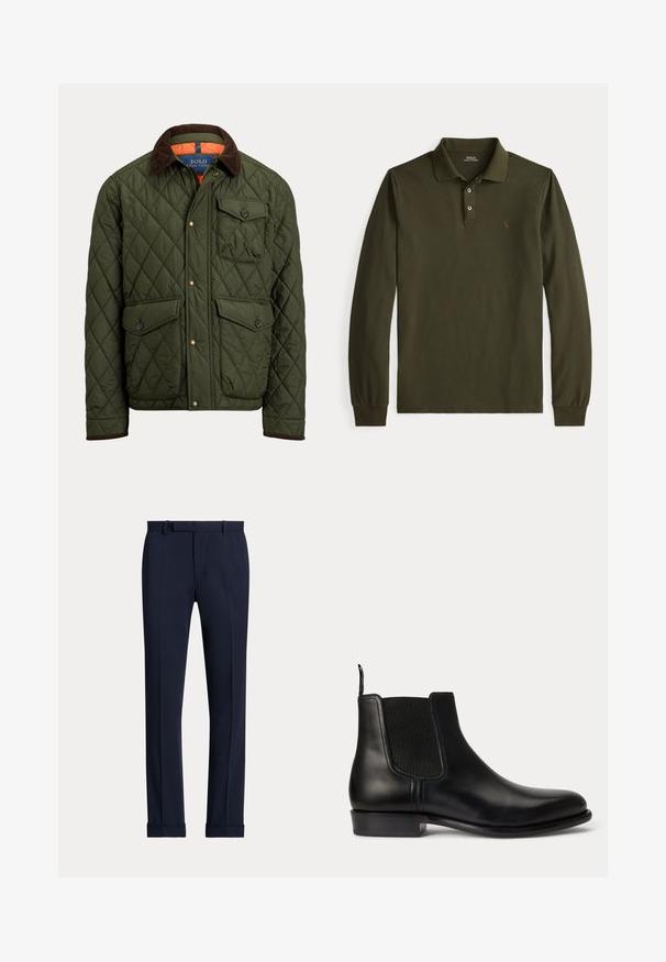 Quilted green jacket with brown corduroy collar, buttoned chest pocket, two buttoned waist pockets, and front snap buttons.; Long-sleeve dark green polo shirt with collar, two front buttons, and small embroidered logo on the left chest.; Navy dress pants with a smooth texture, flat front, creased design, belt loops, and cuffed hems. Made from a lightweight fabric.; Black leather Chelsea boot with elastic side panel, low heel, and pull tab at the back, shown from the outer side on a white background.