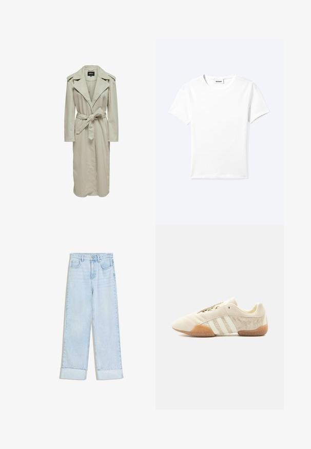 Trench-coat beige clair avec un large col, des manches longues, une taille ceinturée et des poches latérales. Réalisé en tissu lisse avec une coupe droite.; T-shirt blanc uni à manches courtes et col rond avec une petite étiquette "WEEKDAY" à l'intérieur de l'encolure, présenté à plat sur un fond clair.; Jean en denim bleu clair avec une taille haute, une coupe à jambes larges, des revers roulés et deux poches avant. Le tissu présente une texture légèrement délavée.; Baskets beige profil bas avec trois bandes blanches, panneaux latéraux en suède texturé, semelle en gomme et fermeture à lacets sur fond uni.