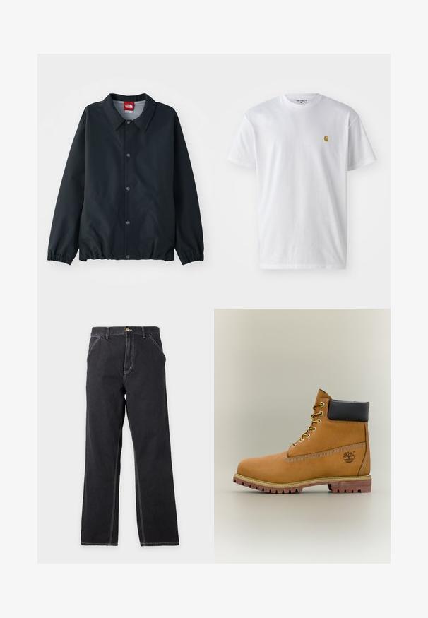 Zwart jasje met een kraaghals, knoopsluitingen, elastische manchetten en een cinched zoom. Gemaakt van lichtgewicht, waterafstotend materiaal.; Witte katoenen t-shirt met korte mouwen en ronde hals, voorzien van een klein gouden logo op de linkerkant van de borst. Zachte textuur en een normale pasvorm.; Zwarte jeans met rechte pijpen, voorzakken, riemlussen en zichtbare witte stiksels op een effen lichtgrijze achtergrond.; Bruine leren enkellaars met zwarte kraag, gele veters en een zandkleurige zool. Voorzien van een logo en witte stikseldetails. Robuuste loopzool met grip.