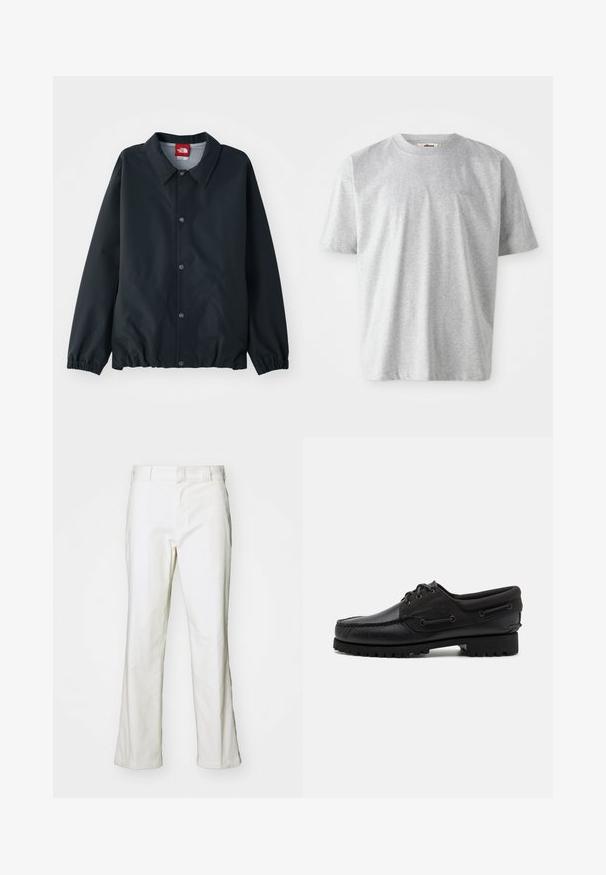 Zwart jasje met een kraaghals, knoopsluitingen, elastische manchetten en een cinched zoom. Gemaakt van lichtgewicht, waterafstotend materiaal.; Grijs t-shirt met korte mouwen, gemaakt van zacht materiaal. Het heeft een ronde halslijn en een subtiele geborduurde logo op de voorkant.; Witte katoenen broek met een rechte pasvorm, voorzien van een tailleband en standaardzakken. De stof lijkt glad en heeft een lichte structuur.; Zwarte schoen met een leren bovenzijde, textiele accenten, ronde veters en een getextureerde rubberen zool. Voorzien van mocassin-stiksel en merkdetails.