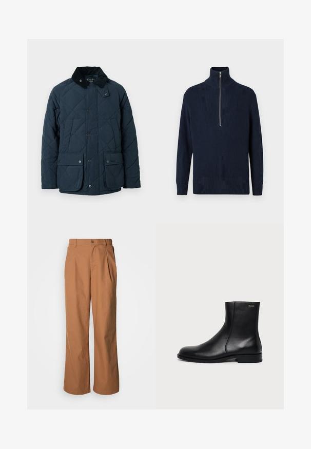 Veste matelassée bleu marine avec col en velours côtelé, deux poches avant à rabat et boutons-pression, présentant une surface texturée et un design classique.; Pull en maille côtelée bleu marine avec un col montant et une fermeture éclair jusqu'à mi-hauteur. Présente des manches longues et un ourlet ajusté. Texture lisse.; Pantalon à jambes larges en tissu marron chaud, avec fermeture à boutons sur le devant, plis subtils et coupe droite pour une tenue décontractée.; Bottine en cuir noir à talon bas, couture latérale et petit logo "HUGO" sur le revers supérieur sur un fond uni.