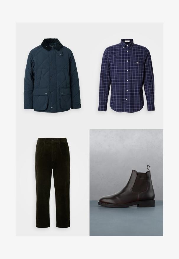 Veste matelassée bleu marine avec col en velours côtelé, deux poches avant à rabat et boutons-pression, présentant une surface texturée et un design classique.; Chemise à manches longues pour homme, à carreaux bleu marine, noir et blanc, avec un col boutonné et un logo sur la poitrine côté gauche.; Pantalon en velours côtelé vert foncé, coupe droite, avec poches à l'avant, fermeture à bouton et tissu texturé.; Bottines chelsea en cuir marron avec des panneaux latéraux élastiques, une languette et une finition lisse, posées sur une surface texturée en briques et gravier.