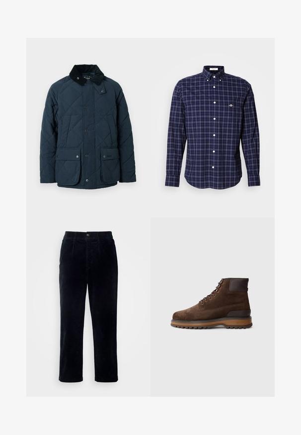 Veste matelassée bleu marine avec col en velours côtelé, deux poches avant à rabat et boutons-pression, présentant une surface texturée et un design classique.; Chemise à manches longues pour homme, à carreaux bleu marine, noir et blanc, avec un col boutonné et un logo sur la poitrine côté gauche.; Pantalon en velours côtelé bleu foncé avec une coupe droite, présentant une fermeture à bouton et une texture de côtes verticales subtiles.; Bottines en suede marron avec une finition texturée, un design à lacets, des œillets en métal et une semelle en caoutchouc durable. Accents en cuir à l'arrière.