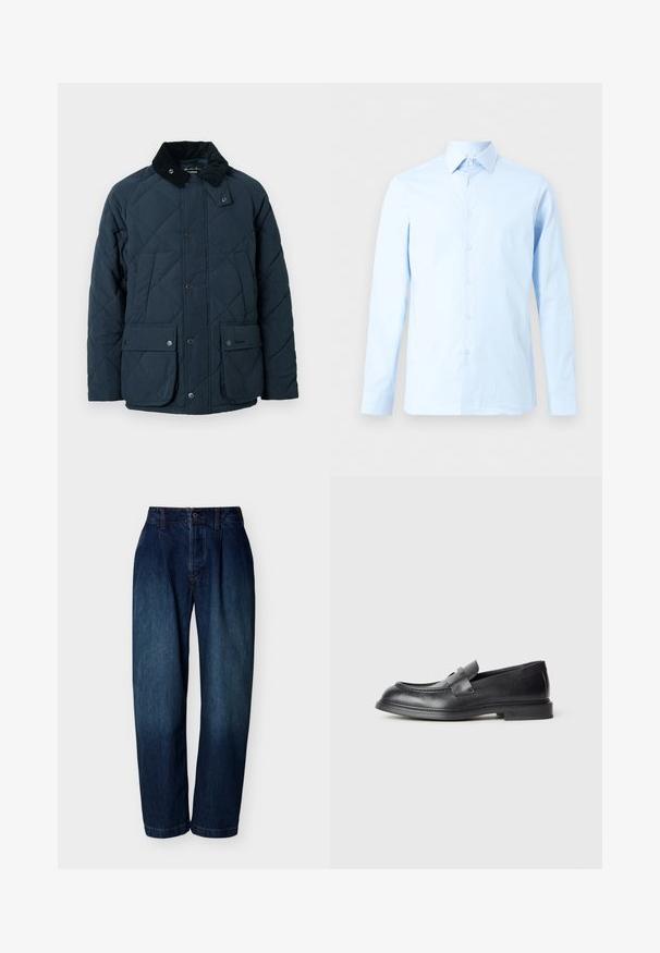 Veste matelassée bleu marine avec col en velours côtelé, deux poches avant à rabat et boutons-pression, présentant une surface texturée et un design classique.; Chemise de ville pour homme à manches longues bleu clair avec patte de boutonnage à l'avant et col pointu, présentée sur un fond blanc uni.; Jean droit taille haute bleu foncé avec fermeture par bouton et fermeture éclair, passants de ceinture et détails de couture subtils sur fond blanc.; Mocassins en cuir noir avec une finition texturée, dotés d'une bride décorative à l'avant et d'un bout arrondi. Semelle en caoutchouc pour plus de durabilité.