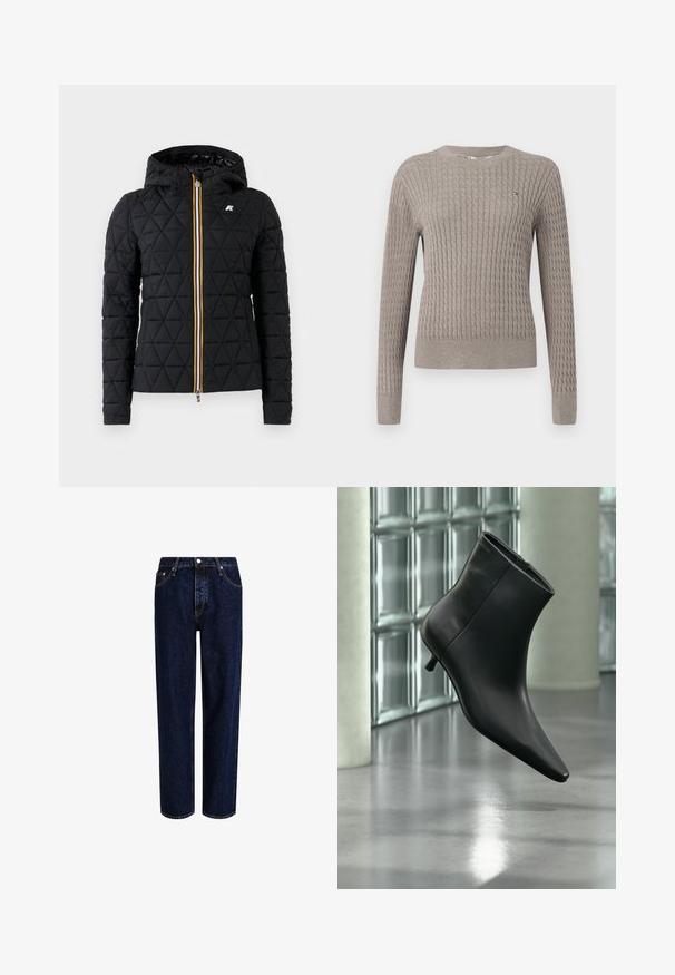 Chaqueta negra acolchada con capucha, que presenta un cierre frontal con cremallera y una franja de colores a lo largo de la cremallera. Acento del logo en el pecho.; Suéter de punto acanalado gris claro con mangas largas y cuello redondo. Presenta un patrón texturizado y un sutil detalle de logo en el pecho.; Jeans de mezclilla azul oscuro con un diseño de pierna recta, que presentan una cintura alta, estilo de cinco bolsillos y costuras en contraste. Sin adornos.; Botín negro de cuero con punta puntiaguda y tacón bajo estilo kitten, mostrado en ángulo sobre un suelo pulido y con una pared de bloques de vidrio de fondo.