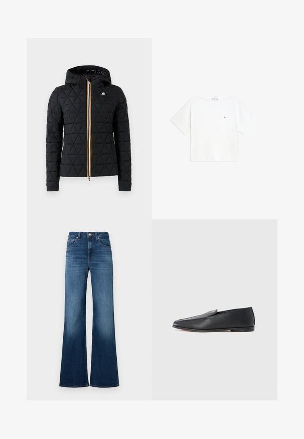 Chaqueta negra acolchada con capucha, que presenta un cierre frontal con cremallera y una franja de colores a lo largo de la cremallera. Acento del logo en el pecho.; Camiseta blanca de manga corta con cuello redondo, con un pequeño logo rojo, blanco y azul en el pecho izquierdo y puños doblados en las mangas.; Jeans acampanados azules hechos de mezclilla, con cintura de altura media, cinco bolsillos, costuras en contraste y un acabado ligeramente desgastado.; Mocasines de cuero negro con textura suave, punta redondeada y detalles de costura sutiles. Presentan un acento de logo dorado en el lateral superior.