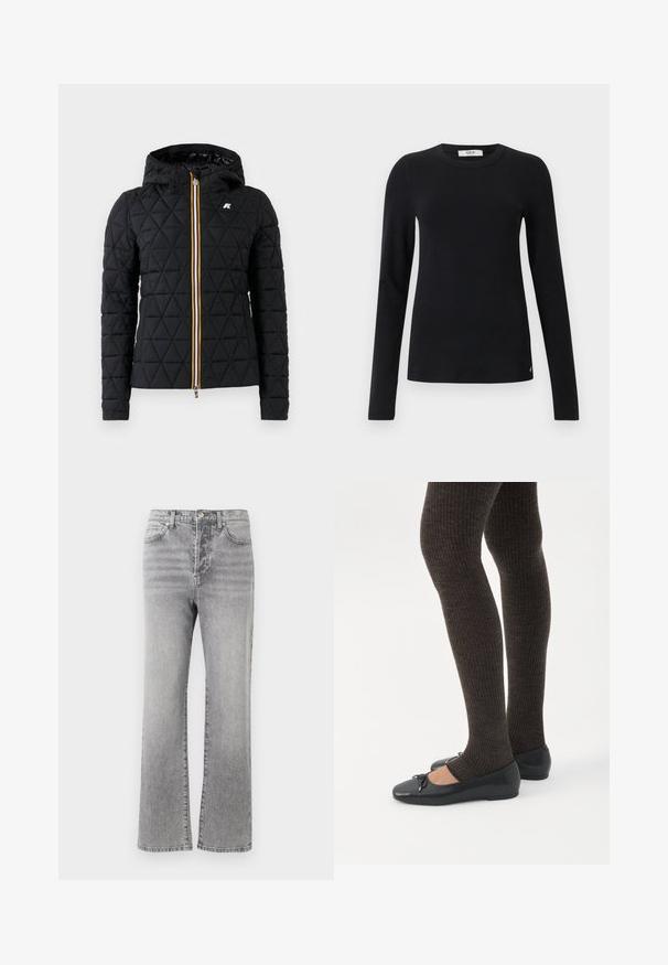 Chaqueta negra acolchada con capucha, que presenta un cierre frontal con cremallera y una franja de colores a lo largo de la cremallera. Acento del logo en el pecho.; Top ajustado de manga larga negro con cuello redondo y textura acanalada, con un pequeño logo de Replay en el dobladillo, sobre un fondo blanco.; Jeans de mezclilla gris con un diseño de pierna recta, cintura de altura media, estilo de cinco bolsillos y un ligero desgaste para dar textura. Detalles de botón metálico y costuras.; Piernas con leggings oscuros acanalados combinados con bailarinas negras que presentan pequeños detalles de lazo sobre un fondo blanco.