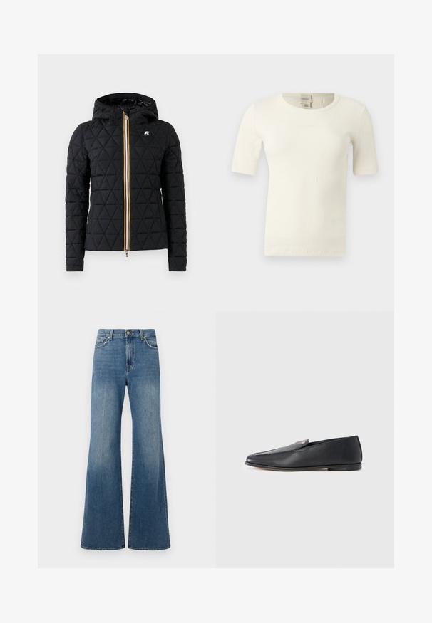 Chaqueta negra acolchada con capucha, que presenta un cierre frontal con cremallera y una franja de colores a lo largo de la cremallera. Acento del logo en el pecho.; Top de punto acanalado de manga corta color blanco hueso con cuello redondo y etiqueta de Calvin Klein en la parte interior trasera del cuello.; Vaqueros acampanados de mezclilla de color azul, con una cintura alta, piernas anchas y detalles rasgados en la superficie.; Mocasines de cuero negro con textura suave, punta redondeada y detalles de costura sutiles. Presentan un acento de logo dorado en el lateral superior.