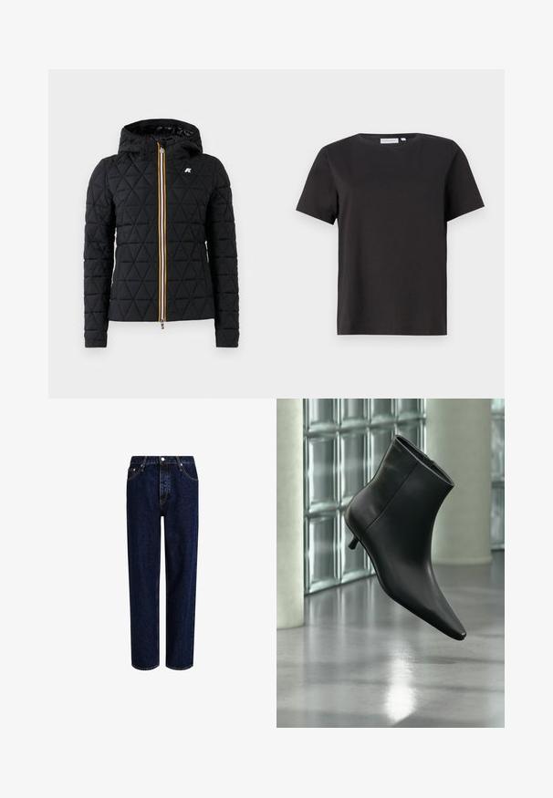 Sort quiltet jakke med hætte, der har en frontlynlås og farverig stribe langs lynlåsen. Logo accent på brystet.; Sort bomulds T-shirt med korte ærmer, rund halsudskæring og et enkelt, rent design. Ingen synlige mønstre eller udsmykninger.; Mørkeblå denim jeans med lige ben-design, der har høj talje, fem-lomme-stil og kontrastsyninger. Ingen dekorationer.; Sort læderankelstøvle med spids tå og lav kitten-hæ, vist vinklet mod en poleret gulv- og glasblokvæg.