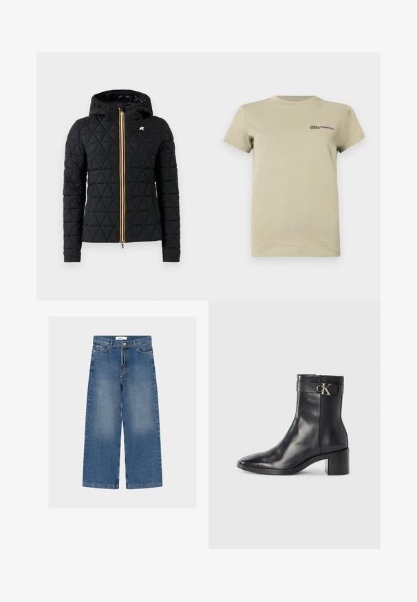 Chaqueta negra acolchada con capucha, que presenta un cierre frontal con cremallera y una franja de colores a lo largo de la cremallera. Acento del logo en el pecho.; Camiseta de manga corta en color caqui, hecha de algodón suave, con un escote redondo y un pequeño texto de logo negro en el área del pecho izquierdo.; Vaqueros azul denim de pierna ancha con bolsillos delanteros y cinturón atado, mostrando leves áreas desgastadas en los muslos.; Bota de tobillo de cuero negra con punta afilada, tacón cuadrado y una correa con un detalle de logo metálico. Textura suave y diseño minimalista.