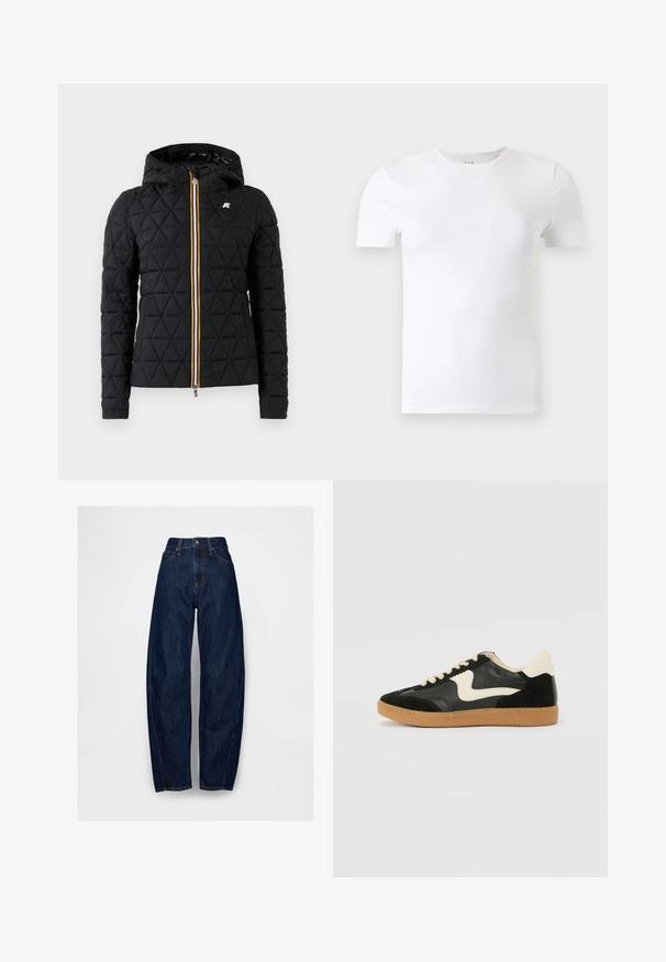 Chaqueta negra acolchada con capucha, que presenta un cierre frontal con cremallera y una franja de colores a lo largo de la cremallera. Acento del logo en el pecho.; Camiseta blanca lisa de manga corta con cuello redondo mostrada sobre un fondo gris claro.; Jeans de mezclilla oscuros de talle alto con un corte relajado, que cuentan con cinco bolsillos, un solo botón frontal y costuras decorativas.; Zapatillas de deporte de ante y cuero negro con un swoosh lateral en crema y un talón en crema claro. Presenta cordones beige y una suela de goma marrón.