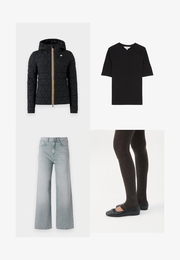 Sort quiltet jakke med hætte, der har en frontlynlås og farverig stribe langs lynlåsen. Logo accent på brystet.; Sort ribbet t-shirt med korte ærmer og rund halsudskæring samt et lille synligt mærke ved kraven på en hvid baggrund.; Lys grå bredbenede jeans lavet af denim med en falmet finish. Har fem lommer, bæltesløjfer og en frontlukning med knap.; Ben iført mørke ribbede leggings kombineret med sorte balletsko med små sløjfedetaljer på hvid baggrund.