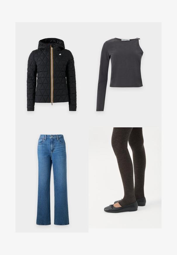 Sort quiltet jakke med hætte, der har en frontlynlås og farverig stribe langs lynlåsen. Logo accent på brystet.; Sort asymmetrisk bluse med lange ærmer, hvor den ene side har et helt ærme, og den anden er ærmeløs med en lynlåsdetalje ved skulderen.; Blå, højtaljede denimjeans med lige ben, for- og baglommer, bæltestropper samt knap- og lynlås-lukning.; Ben iført mørke ribbede leggings kombineret med sorte balletsko med små sløjfedetaljer på hvid baggrund.