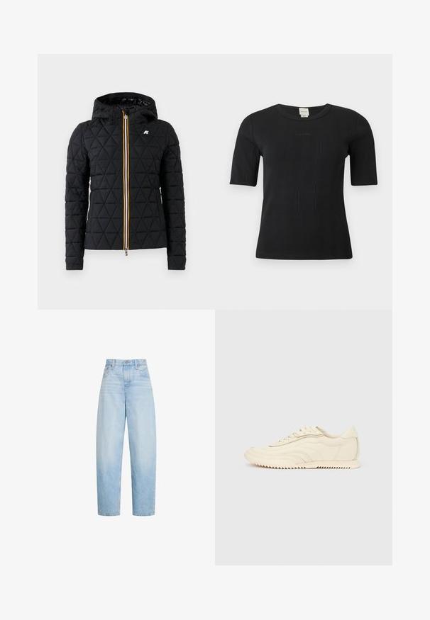 Zwarte gewatteerde jas met een capuchon, voorzien van een ritssluiting aan de voorkant en een kleurrijke streep langs de rits. Logo-accent op de borst.; Zwart geribd Calvin Klein topje met korte mouwen, een ronde halslijn en een subtiel geborduurd logo op de borst, op een effen achtergrond.; Lichtblauwe, hooggetailleerde, rechte jeans met voorzakken, riemlussen en knoopsluiting.; Low-profile sneaker in crèmekleur met golvende stiksels, vetersluiting en een geribbelde zool, zijaanzicht tegen een effen achtergrond.
