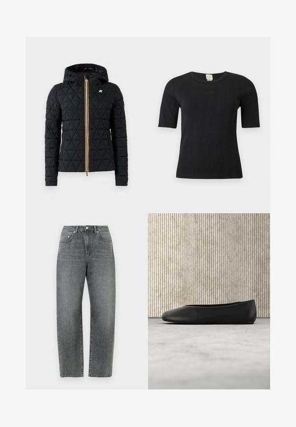 Sort quiltet jakke med hætte, der har en frontlynlås og farverig stribe langs lynlåsen. Logo accent på brystet.; Sort ribbet Calvin Klein top med korte ærmer, rund halsudskæring og diskret logo broderet på brystet mod en ensfarvet baggrund.; Grå denimjeans har en lige ben-snit, klassisk design med fem lommer og metalknapdetaljer foran.; Sorte læder balletflade med en rund tå, glat tekstur og en gulds logoaccent på siden. Placeret over en reflekterende overflade.
