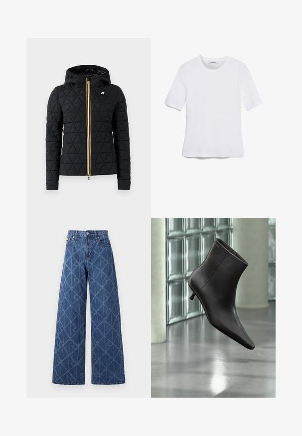 Chaqueta negra acolchada con capucha, que presenta un cierre frontal con cremallera y una franja de colores a lo largo de la cremallera. Acento del logo en el pecho.; Camiseta de manga corta blanca hecha de tela de canalé. Cuello redondo, corte regular y detalles de costura sutiles. Sin patrones ni gráficos.; Jeans de mezclilla de pierna ancha en azul oscuro con un patrón de diamantes, costuras en contraste y cierre de botón en la cintura.; Bota de cuero negro para el tobillo con puntera puntiaguda y tacón pequeño, exhibida frente a una pared de bloques de vidrio y un suelo pulido.
