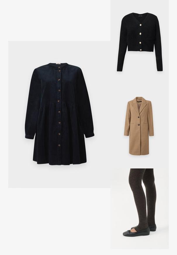Bruine visgraatjas met een notch-uitsnijding, enkelvoudige knoopsluiting, twee knopen en zijzakken. Glad de Consequentie, knie-lange ontwerp.; Zwart cropped cardigan gemaakt van gestructureerde brei stof, met een V-hals, lange mouwen en zes goudkleurige knopen aan de voorkant.; Marineblauw corduroy jurk met lange mouwen, ronde kraag en knoopsluiting aan de voorkant. Kenmerkt zich door een verzamelde taille en textured stof.; Benen met donkere geribbelde leggings gecombineerd met zwarte ballerina's met kleine strikdetails op een witte achtergrond.