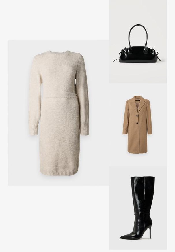 Bruine visgraatjas met een notch-uitsnijding, enkelvoudige knoopsluiting, twee knopen en zijzakken. Glad de Consequentie, knie-lange ontwerp.; Gebreide beige jurk met lange mouwen, ronde halslijn en een gestructureerde afwerking. Passend in de taille met een accentband, knielange zoom.; Zwarte leren kniehoge laarzen met een spitse neus en hoge stiletto hak. Soepele textuur en strak ontwerp, met minimale detailing.; Kleine zwarte glanzende handtas met twee lange hengsels en zijkant trekkoord details op een effen lichte achtergrond.