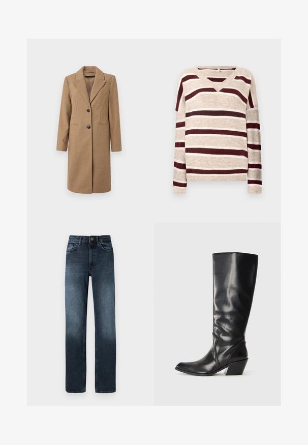 Brun hørfilstribet frakke med nedskåret revers, enkeltrækket front, to knapper og sidelommer. Glat tekstur, knælangt design.; V-hals sweater i beige med mørkerøde og cremefarvede striber. Har lange ærmer og ribkant. Blød tekstur og afslappet pasform.; Mørkeblå denim jeans med lige ben, fem lommer og lukning med frontknap. Har falmede detaljer nær kanten.; Sorte læder knæhøje støvler med spids tå, vinklet hæl og glat tekstur. Funktioner en subtil syning langs siden.