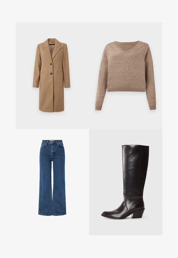 Bruine visgraatjas met een notch-uitsnijding, enkelvoudige knoopsluiting, twee knopen en zijzakken. Glad de Consequentie, knie-lange ontwerp.; Lichtbruin gebreid sweater met een V-hals, lange mouwen en geribbelde zoom. Zachte textuur met een iets korter ontwerp en geen zichtbare patronen.; Hoge taille blauwe denim jeans met brede pijpen, voorzien van een traditionele vijf-pocket ontwerp, metalen knoopsluiting en contrasterende stiksels.; Knielange, donkerbruine leren laars met een spitse neus, hoekige blokhak en een gladde, glanzende textuur. Heeft een strak ontwerp en stikdetails.
