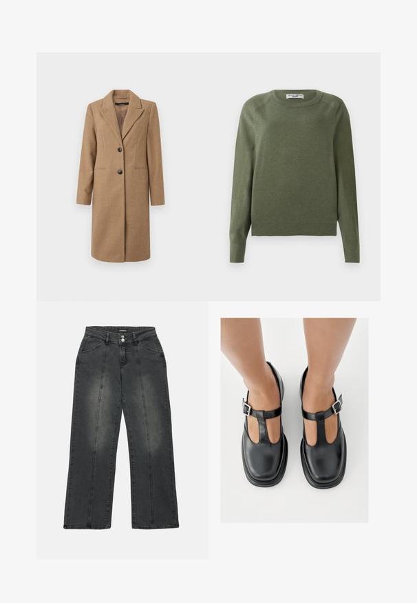 Brun hørfilstribet frakke med nedskåret revers, enkeltrækket front, to knapper og sidelommer. Glat tekstur, knælangt design.; Olivengrønt pullover-sweater lavet af blødt, struktureret stof. Klassisk rund hals, lange ærmer og ribkant. Enkel, alsidig design.; Viddejeans i mørkegrå denim med høj talje, to frontlommer, midtersøm og diskret falmning på stoffet.; Sorte lædersko med T-rem-design, lukket tå og sølvfarvede spændeaccenter. Glat tekstur med rundet tå og flad sål.